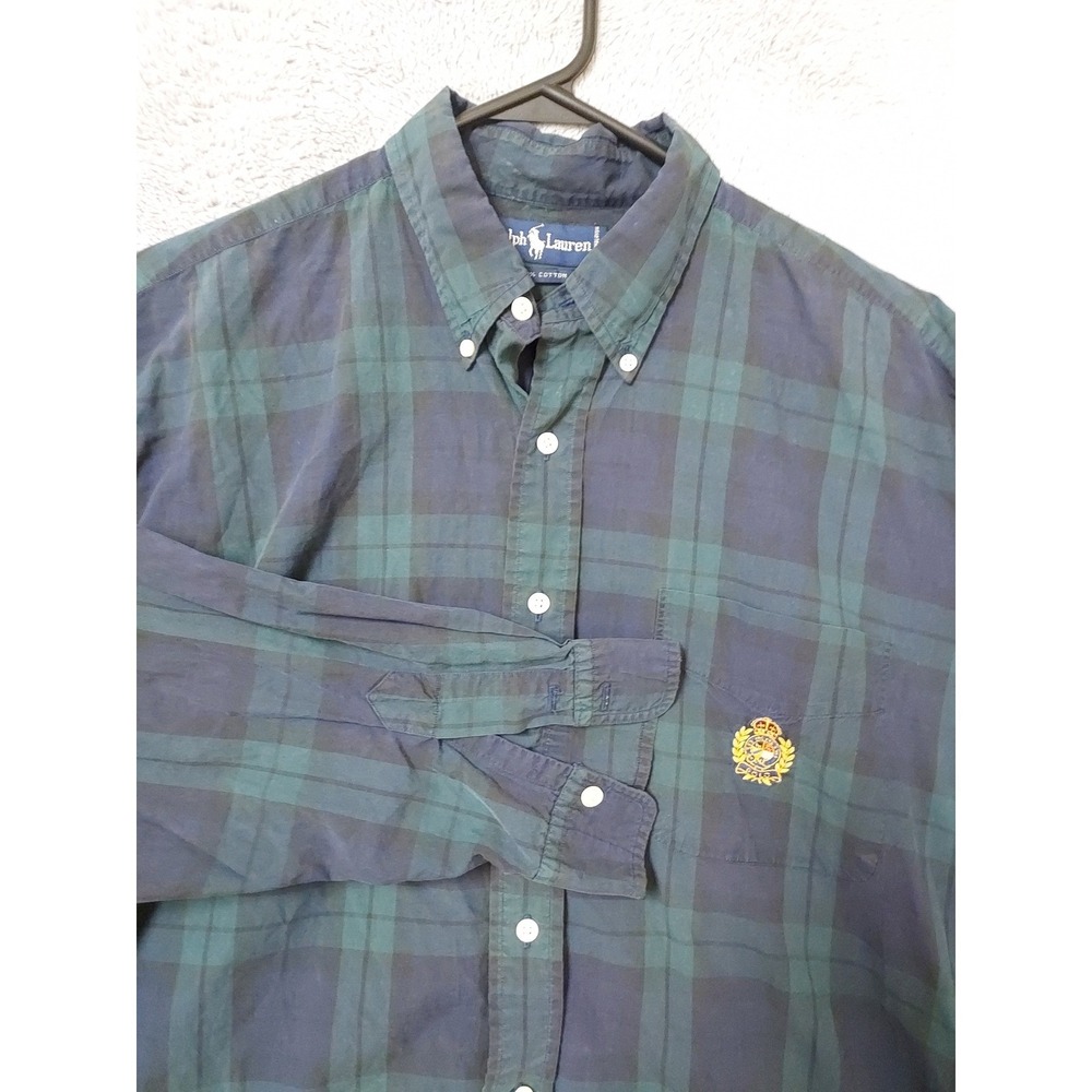Vintage Polo Ralph Lauren Shirt Mens XL Plaid  Crest Logo Faded Tartan Logo Blue
